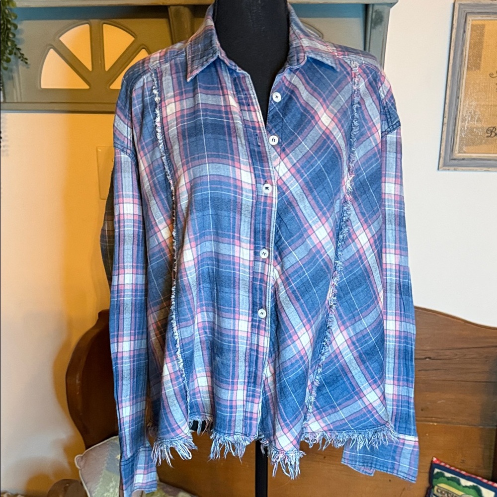 Free People
We The Free Blue Plaid Button-Up Top with frayed  edges.EUC